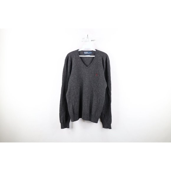 Vintage 90s Ralph Lauren Mens Large Lambswool Knit V-Neck Sweater Heather Gray